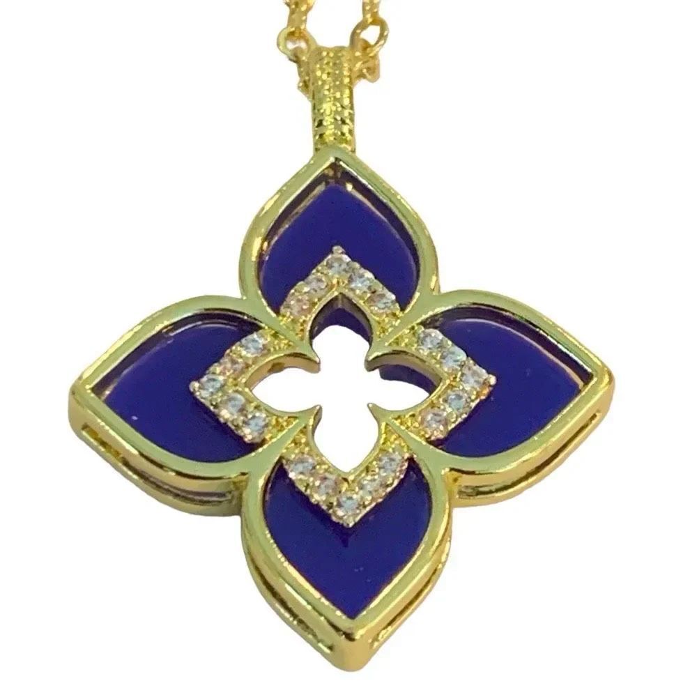 Blue Enamel Quatrefoil Flower Pendant Necklace with Crystal Accents